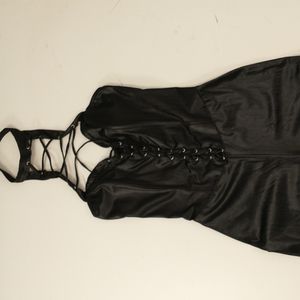 Dominatrix Black Stretch Sexy Jumpsuit Lace Up Front to Neck Collar Lycra8